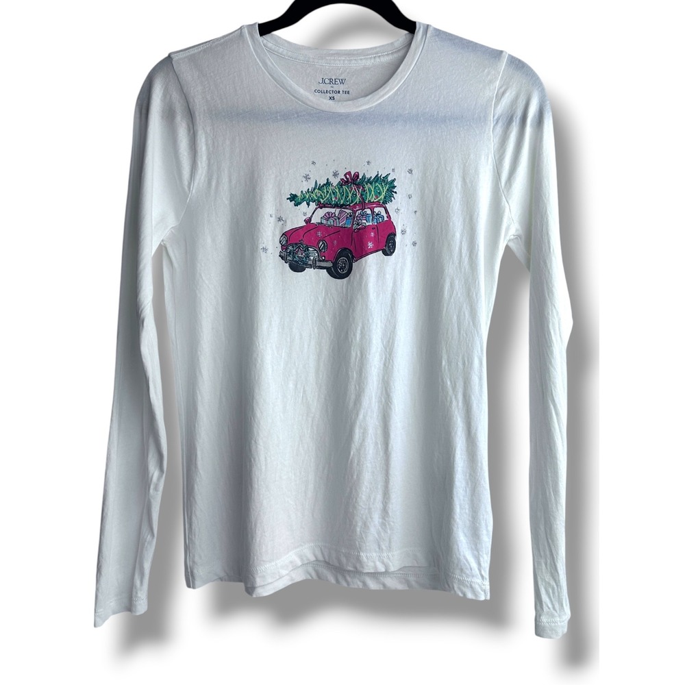 J.Crew Collector Tee Womens XS Cream Red Car Christmas Tree Graphic Long Sleeve